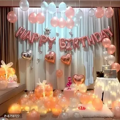 Solid Happy Birthday Kit With Metallic Balloons (Rose Gold, Fairy Lights - 120 Pc) Balloon (Multicolor, Pack Of 120)-thumb0