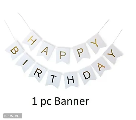 Rubber Balloons(5 Pcs) With Pre-Filled Confetti And Happy Birthday Banner Combo (Golden And White)-thumb2