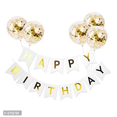 Rubber Balloons(5 Pcs) With Pre-Filled Confetti And Happy Birthday Banner Combo (Golden And White)-thumb0