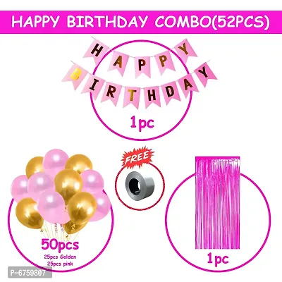 Happy Birthday Banner For Decoration Kit -52 Pcs Combo Set - Pink Happy Birthday Banner, Pink Curtain Foil, Metallic Golden And Pink Latex Balloons-thumb2