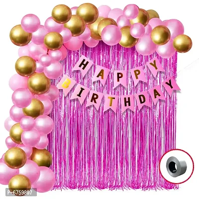 Happy Birthday Banner For Decoration Kit -52 Pcs Combo Set - Pink Happy Birthday Banner, Pink Curtain Foil, Metallic Golden And Pink Latex Balloons-thumb0