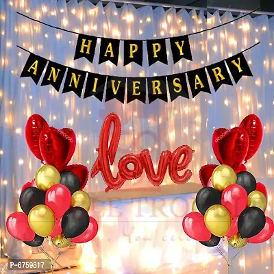 Happy Anniversary Balloons Decoration Kit Combo 16 Letters Banner, Love Foil, Fairy Light, Heart Foil, Glue Dot And 45 Pcs Balloons Husband First Girls Boys Home (Red Gold, Pack Of 53)-thumb0