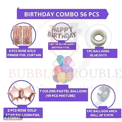 1 Pack Happy Birthday Foil (Silver)+ 2 Pcs Fringe Foil Curtain (Rose Gold)+ 2 Pcs Star Foil (Rose Gold) + 1Pc Glue Dot + 1 Pc Arch And Pack Of 49 Hd Metallic Pastel Balloons (7 Colors)+-thumb2