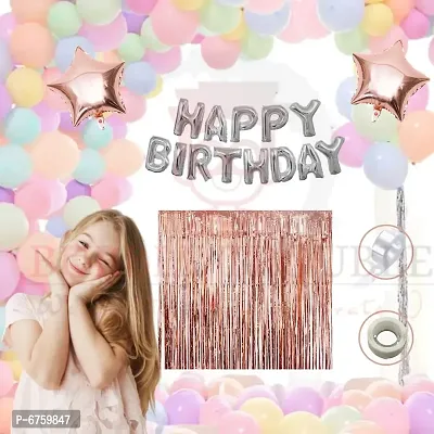 1 Pack Happy Birthday Foil (Silver)+ 2 Pcs Fringe Foil Curtain (Rose Gold)+ 2 Pcs Star Foil (Rose Gold) + 1Pc Glue Dot + 1 Pc Arch And Pack Of 49 Hd Metallic Pastel Balloons (7 Colors)+