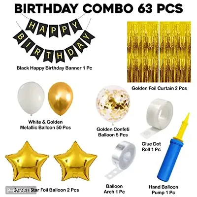 Happy Birthday Decoration For Husband Kit Combo Set - 63Pcs Birthday Bunting Golden Foil Curtain Metallic Confetti Balloons With Balloon Pump And Glue Dot - Happy Birthday Decorations Items-thumb2