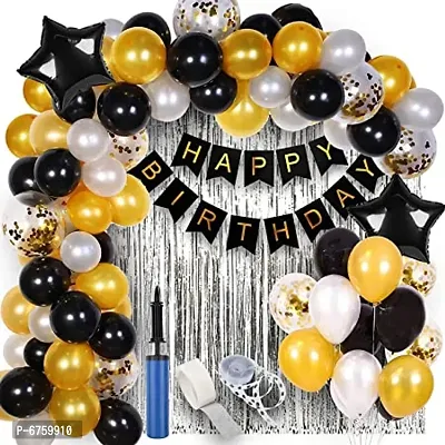 Happy Birthday Decoration For Husband Kit Combo Set - 63Pcs Birthday Banner Silver Foil Curtain Metallic Confetti Balloons With Balloon Pump And Glue Dot - Happy Birthday Decorations Items-thumb0