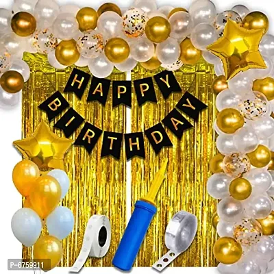 Happy Birthday Decoration For Husband Kit Combo Set - 63Pcs Birthday Bunting Golden Foil Curtain Metallic Confetti Balloons With Balloon Pump And Glue Dot - Happy Birthday Decorations Items-thumb0