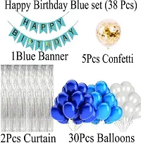 Printed Happy Birthday Blue Banner 30 Pc Metallic Balloon 2 Shiny Silver Fringe Curtain 5 Golden Confetti Balloonnbsp;nbsp;(Blue, White, Silver, Pack Of 38)-thumb1