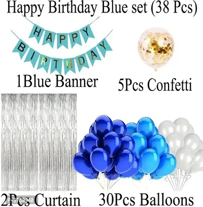 Printed Happy Birthday Blue Banner 30 Pc Metallic Balloon 2 Shiny Silver Fringe Curtain 5 Golden Confetti Balloonnbsp;nbsp;(Blue, White, Silver, Pack Of 38)-thumb2