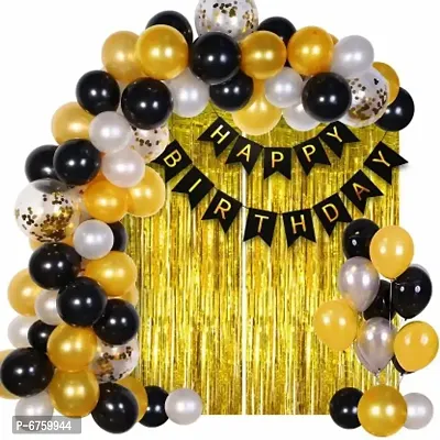 Solid Happy Birthday Decoration Kit Combo - 42Pcs Metallic Confetti With Birthday Bunting Golden Foil Curtain /Happy Birthday Decorations Items Set Balloon Bouquet&nbsp;&nbsp;(Black, Pack Of 42)-thumb0