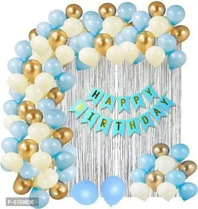 Happy Birthday Banner Blue 76Pc Set With Blue Birthday Banner +60 Metallic Balloon + 2 Silver Fringe+ 1Pc Ribbon For Birthday Party Decoration-thumb0