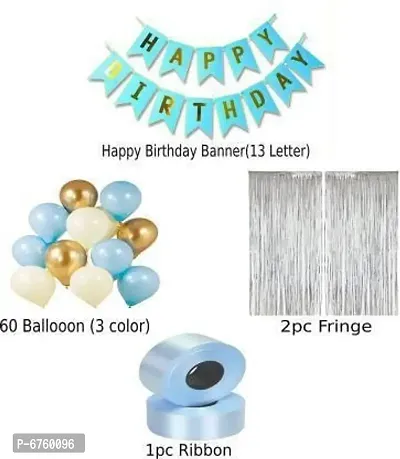 Happy Birthday Banner Blue 76Pc Set With Blue Birthday Banner +60 Metallic Balloon + 2 Silver Fringe+ 1Pc Ribbon For Birthday Party Decoration-thumb2