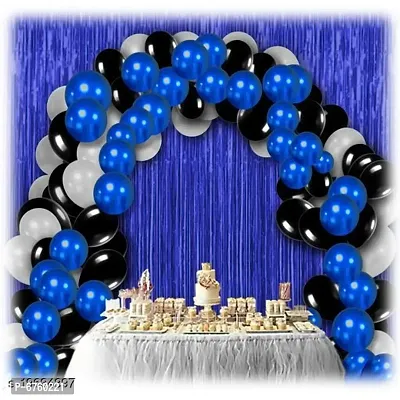 30Pcs Metallic Blue, Black, White Balloons Combo + 2Pc Blue Fringe Curtains Decoration Combo(3*6.5Feet)-thumb0