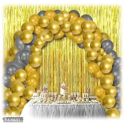 30Pcs Metallic Golden, Silver Balloons Combo + 2Pc Golden Fringe Curtains Decoration Combo(3*6.5Feet)-thumb0