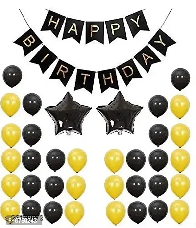 Happy Birthday Banner- Black + 2Pcs Black Star(10Inch) + 30Pcs Gold, Black Metallic Balloons Combo-thumb0