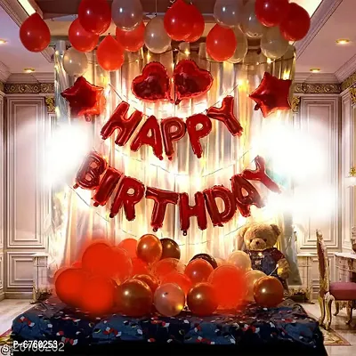 Happy Birthday Foil Letters 13 Pcs- Red + 2Pcs Red Star Foil (10Inch) + 2Pcs Red Heart Foil + 30Pcs Red, Gold, Silver Metallic Balloons Combo-thumb0