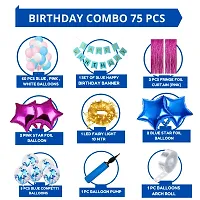 Bubble Trouble Happy Birthday Decoration Kit Pack of 75 Combo with 1 Pc Blue Birthday Banner, 2 pcs Pink Fringe Foil Curtains, 2 Pcs Pink Star Foil, 2 Pcs Blue Star for Kids Birthday Decoration Items-thumb1