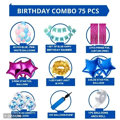 Bubble Trouble Happy Birthday Decoration Kit Pack of 75 Combo with 1 Pc Blue Birthday Banner, 2 pcs Pink Fringe Foil Curtains, 2 Pcs Pink Star Foil, 2 Pcs Blue Star for Kids Birthday Decoration Items-thumb2