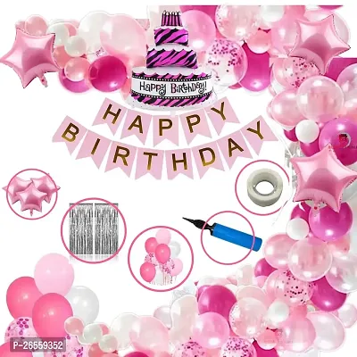 Bubble Trouble Happy Birthday Decoration Kit Pack of 62 Combo with 50 Pcs HD Metallic Balloon, 3Pcs Pink Star Foil Balloons, 1 Pc Pink Happy Birthday Banner for Birth Celebrations