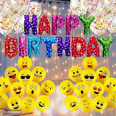 Bubble Trouble Happy Birthday Decoration Kit Combo Set Emoji Smiley Balloons Fairy LED Light Polka Dot Bday Foil Curtains Girls Boys Kids Home Party First 1 18 16 24 50 (Multicolor, Pack Of 48)