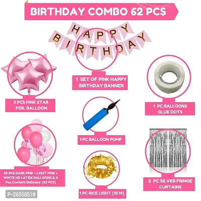 Bubble Trouble Happy Birthday Decoration Kit Pack of 62 Combo with 50 Pcs HD Metallic Balloons, 3Pcs Pink Star foil balloon, 1 Pc Pink Happy Birthday Banner for Birth Celebrations-thumb2