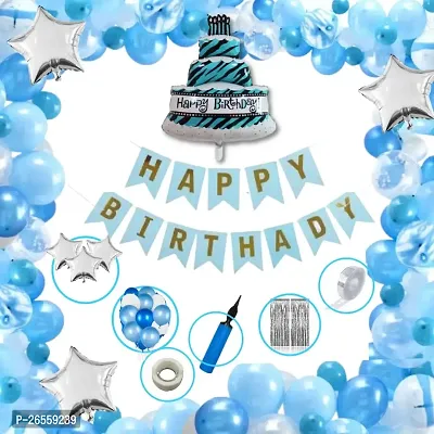 Bubble Trouble Happy Birthday Decorations Kit Pack of 63 Combo with 50 Pcs HD Metallic Balloons, 3Pcs Blue Star Foil Balloons, 1 Pc Blue Happy Birthday Banner for Birth Celebration