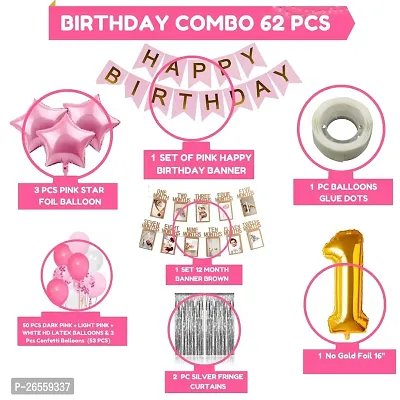 Bubble Trouble Happy Birthday Decoration Kit Pack of 62 Combo with 50 Pcs HD Metallic Balloons, 3Pcs Pink Star Foil Balloon, 1 Pc Pink Happy Birthday Banner for Birth Celebrations-thumb2