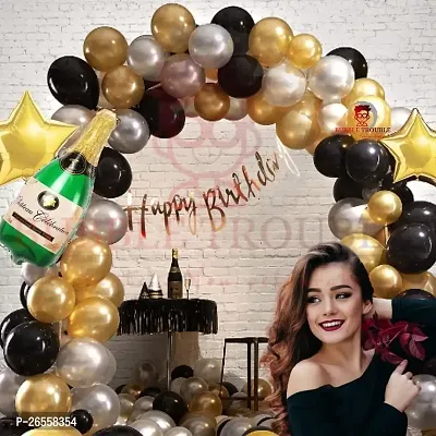 Bubble Trouble Girls Happy Birthday Balloons Decoration Kit Combo For Boys 13 Letter Stylish Cursive Banner (Gold),Champagne Bottle ,Star Foil, Arch,75 Pc Balloon (Black Gold Silver Theme, Pack of 80)