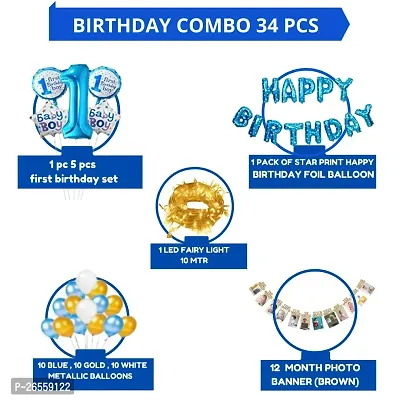 Bubble Trouble Happy Birthday Decoration Kit Pack of 34 Combo with 1 Pc Happy birthday Blue Foil, 1 Pc 5 pcs First Birthday Set,10 White Metallic Balloons for Kids Birthday Decoration Items-thumb2