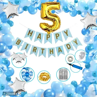 Bubble Trouble Happy Birthday Decoration Kits Pack of 64 Combo with 50 Pcs HD Metallic Balloons, 3Pcs Blue Star Foil Balloons, 1 Pc Blue Happy Birthday Banner for Birth Celebrations