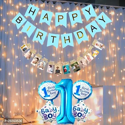 Puchku Boy first Birthday Decoration kit - 4 Pcs Combo with banner, 5 pcs foil balloon set, led light, twelve month photo banner for 1st bday boy theme photo banner