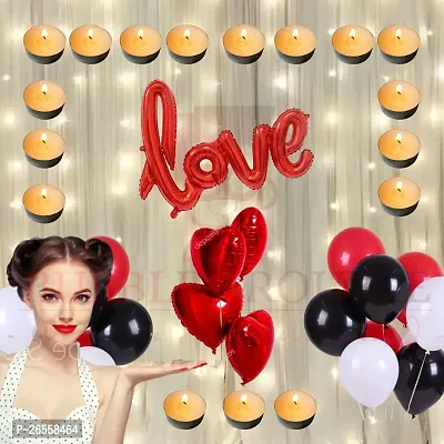 Bubble Trouble Happy Birthday/Anniversary Balloons Decoration Kit Combo For Girls Boys Love Foil, Fairy Light, Tea Candle, Heart, 36 Pcs HD Metallic Balloons First (Red Black White Theme, Pack of 68)