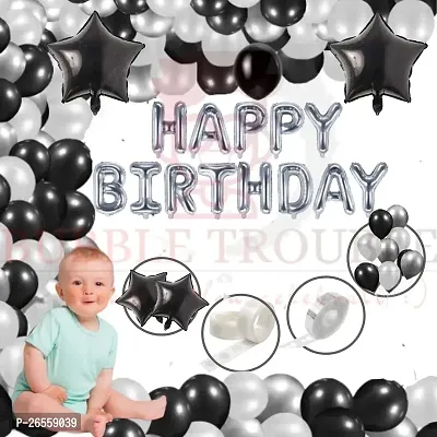 Bubble Trouble Girls Boys Happy Birthday Balloon Decoration Kit Combo For Baby,Happy Birthday foil, Black Star, Arch, Glue dot, 75 Pcs Metallic Balloons (Black, Silver  White Theme,Pack of 80)