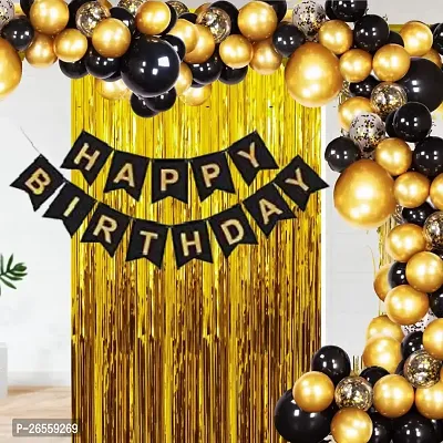 Bubble Trouble Happy Birthday Decoration Kit Pack of 47 Combo with 1 Pc Black Banner, 1 Pc arch, 20 Pcs Black  20 Pcs Gold Balloons, 4 Pcs Gold Confetti Balloons for Baby Birthday Decoration Items