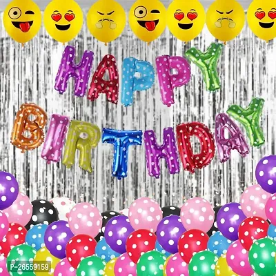 Puchku Emoji theme Birthday Decoration kit - 53Pcs Combo with Happy Birthday foil, Silver curtain, Emoji balloons, Polka dot balloons Decoration for Boy or Girls