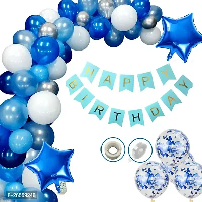 Bubble Trouble Happy Birthday Decoration Kit Pack of 49 Combo with 1 Pc Blue Banner, 1 Pc Glue Dot, 2 Pcs Blue Star, 10 Pcs Dark Blue, 10 Pcs Light Blue for Kids Birthday Decoration Items
