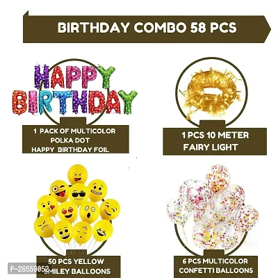 Bubble Trouble Happy Birthday Decoration Kit Combo Set Emoji Smiley Balloons Fairy LED Light Polka Dot Bday Foil Curtains Girls Boys Kids Home Party First 1 18 21 16 24 25 50 (Multicolor, Pack Of 58)-thumb2
