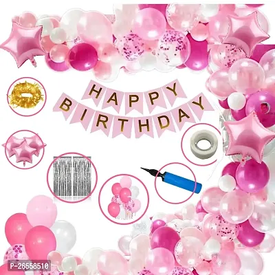Bubble Trouble Happy Birthday Decoration Kit Pack of 62 Combo with 50 Pcs HD Metallic Balloons, 3Pcs Pink Star foil balloon, 1 Pc Pink Happy Birthday Banner for Birth Celebrations-thumb0
