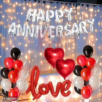 Bubble Trouble Happy Anniversary Balloons Decoration Kit Combo 16 Letters Foil, Fairy Light, Love Foil, Heart Foil  45 Pcs Balloons Husband Marriage First Girls Boys (Red Theme, Pack of 50)-thumb0