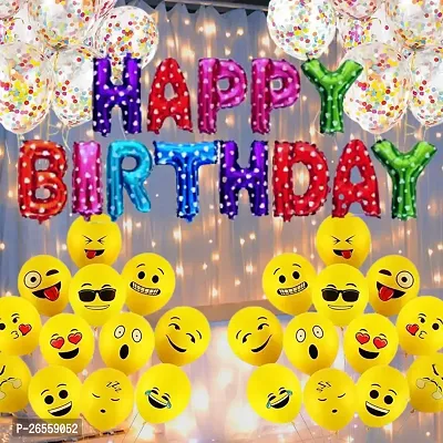 Bubble Trouble Happy Birthday Decoration Kit Combo Set Emoji Smiley Balloons Fairy LED Light Polka Dot Bday Foil Curtains Girls Boys Kids Home Party First 1 18 21 16 24 25 50 (Multicolor, Pack Of 58)-thumb0