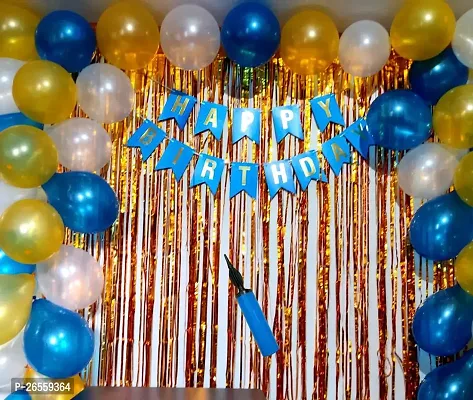 Bubble Trouble Happy Birthday Decoration Kit Pack of 34 Combo with 1 Pc Blue Happy Birthday Banner, 2Pcs Gold Fringe Foil Curtains, 10 Pcs White Metallic Balloons for Kids Birthday Decoration Item