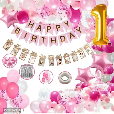 Bubble Trouble Happy Birthday Decoration Kit Pack of 62 Combo with 50 Pcs HD Metallic Balloons, 3Pcs Pink Star Foil Balloon, 1 Pc Pink Happy Birthday Banner for Birth Celebrations-thumb0