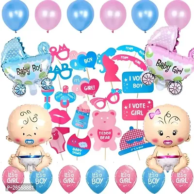 Puchku Baby shower props for photoshoot decoration items 68 Pcs Combo with it?s a girl  it?s a boy printed balloons, metallic balloons, baby shower props, craddle foil balloon for mom to be-thumb0
