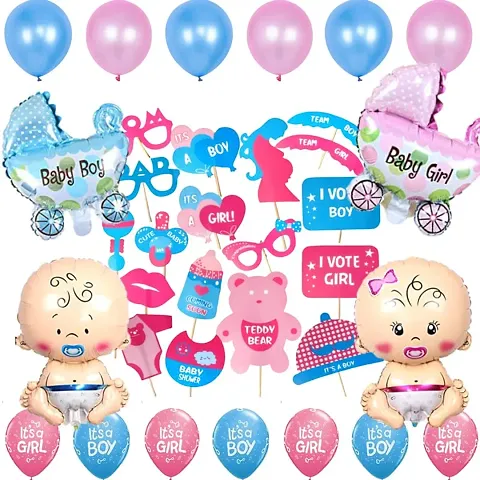 Puchku Baby shower props for photoshoot decoration items 68 Pcs Combo with it?s a girl & it?s a boy printed balloons, metallic balloons, baby shower props, craddle foil balloon for mom to be