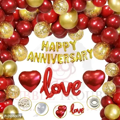 Bubble Trouble Happy Anniversary Balloons Decoration Kit Combo For Husband Wife Girlfriend Boyfriend,Anniversary Foil, Love Foil, Confetti Balloon,Heart, 40 Pcs Balloons (Red Gold Theme, Pack of 50)