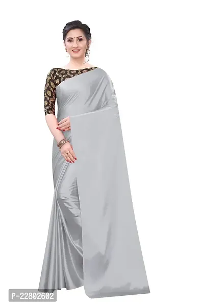 INDIAN PEHNAWA BRIGHT GREY COLOURED SATTIN SAREE WITH BLOUSE PIESCE