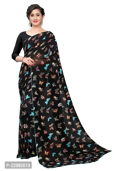 INDIAN PEHNAWA Women's Nylon Maheshwari Butterfly Saree with Blouse (Black )