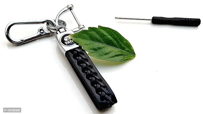 JSR ENTERPRISES PRESENTS LEATHER KEYCHAINS AND KEYRINGS COMPATIBLE WITH CARS AND BIKE ( TATA ) (TATA BLACK LEATHER HOOK SCREW)