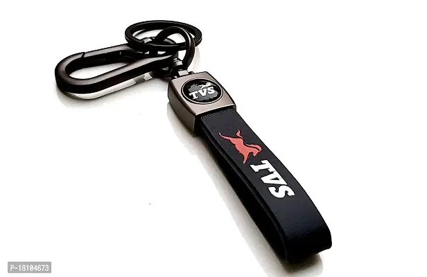 JSR ENTERPRISES PRESENTS LEATHER KEYCHAINS AND KEYRINGS COMPATIBLE WITH CARS AND BIKES ( TVS ) (TVS BLACK LEATHER STRAP PRINTED)-thumb0