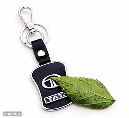 JSR ENTERPRISES PRESENTS LEATHER KEYCHAINS AND KEYRINGS COMPATIBLE WITH CARS AND BIKE ( TATA ) (TATA BLACK AND SILVER MID LEATHER)-thumb3